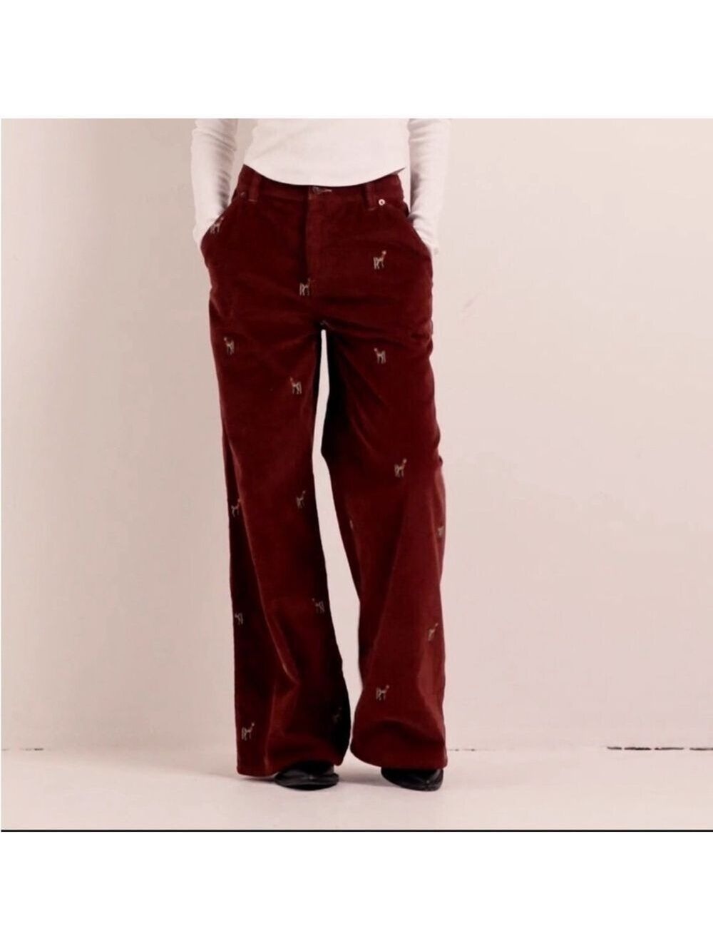 Free People We The Free Clifton Corduroy Wide Leg Pants Embroidered Deer Sz 25